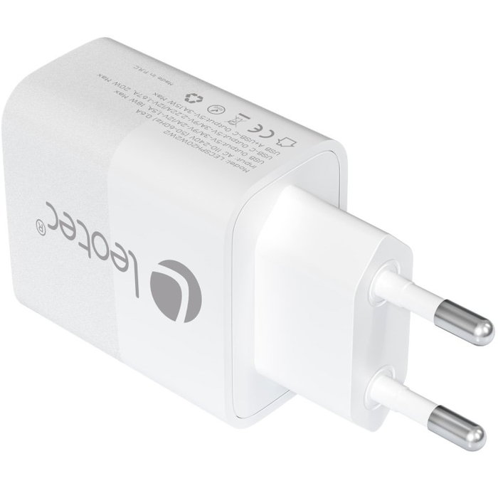 Leotec Cargador de Pared y Viaje USB-C PD + USB-A 20W Carga Rápida Blanco